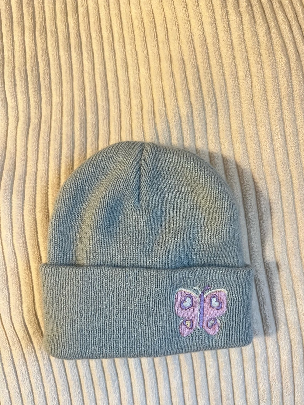 Kids Knit Beanie with Pink Butterfly Embroidery - Blue